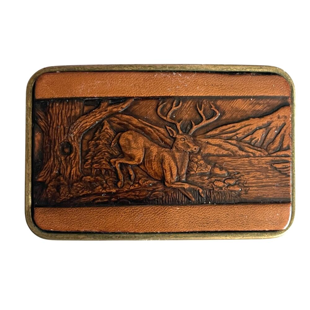 Century Canada Brown Leather Belt Buckle - Deer/Buck Vintage Tooled Stamped